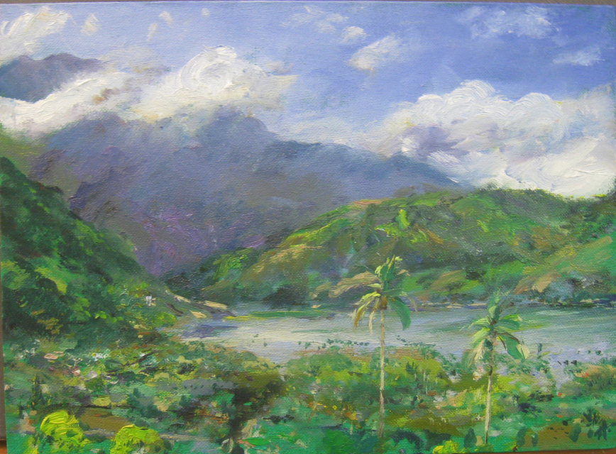 carp pond panaroma summer painting